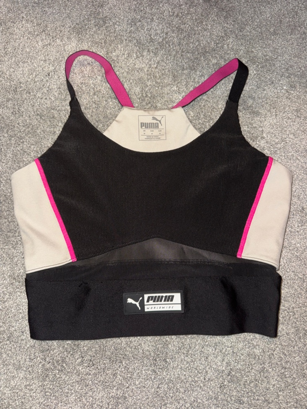 PUMA Black Sports Bra with Pink Trim and Cream Panels